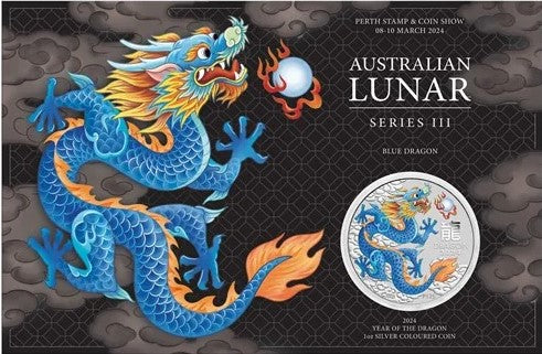 2024 PerthMint Australian Lunar Series III Year of the Dragon BLUE Coloured 1oz Coin - Perth Stamp & Coin Show Special