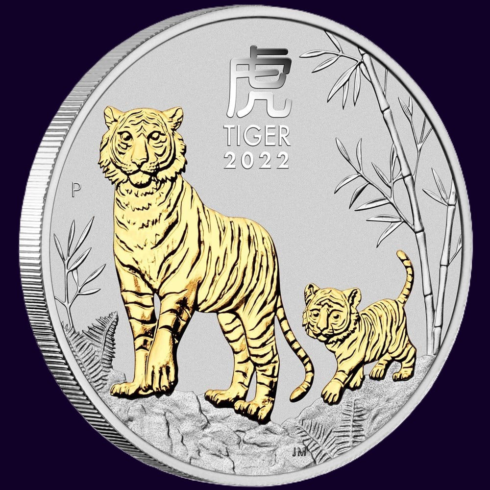 2022 PerthMint  Australian Lunar Series III  - Year of the Tiger - 1oz Silver Gilded Coin in Capsule