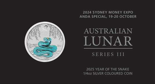 2025 Sydney Money Expo Lunar Series III Year of the Snake 1/4oz Silver Coin in Cards