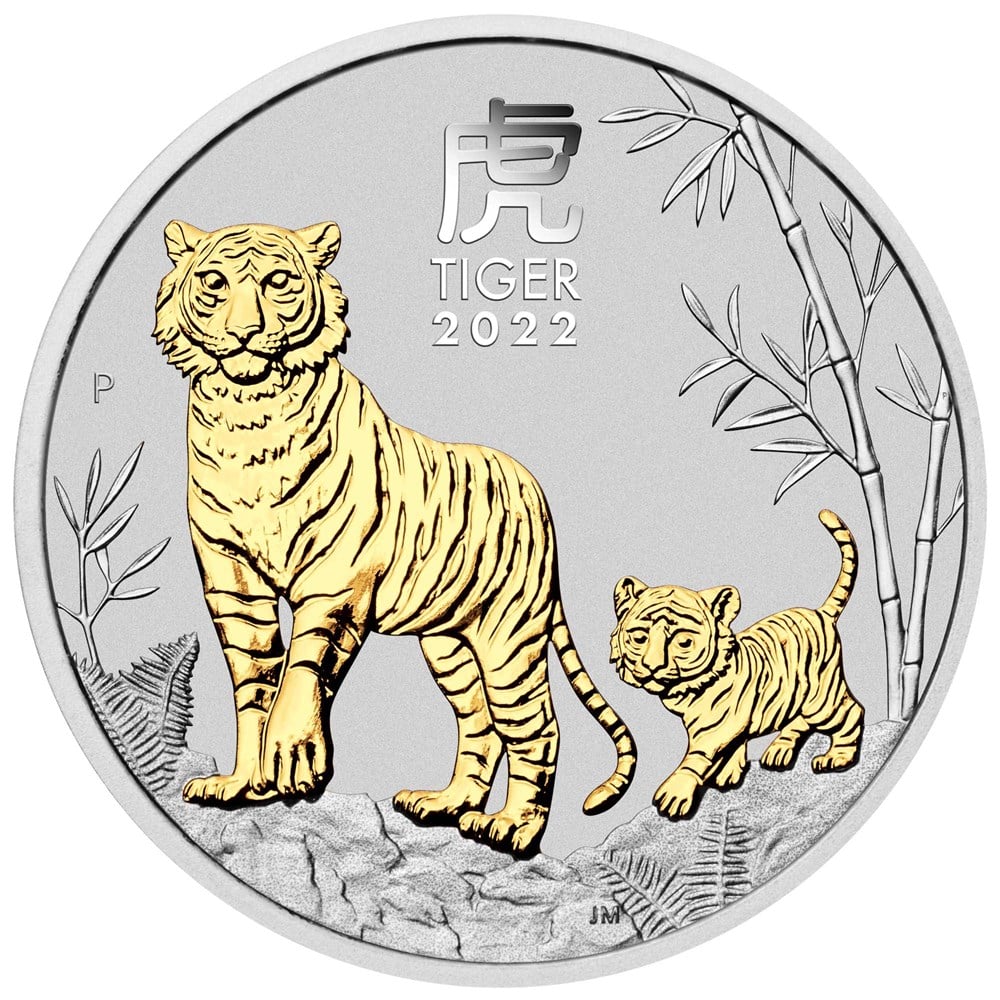 2022 PerthMint  Australian Lunar Series III  - Year of the Tiger - 1oz Silver Gilded Coin in Capsule