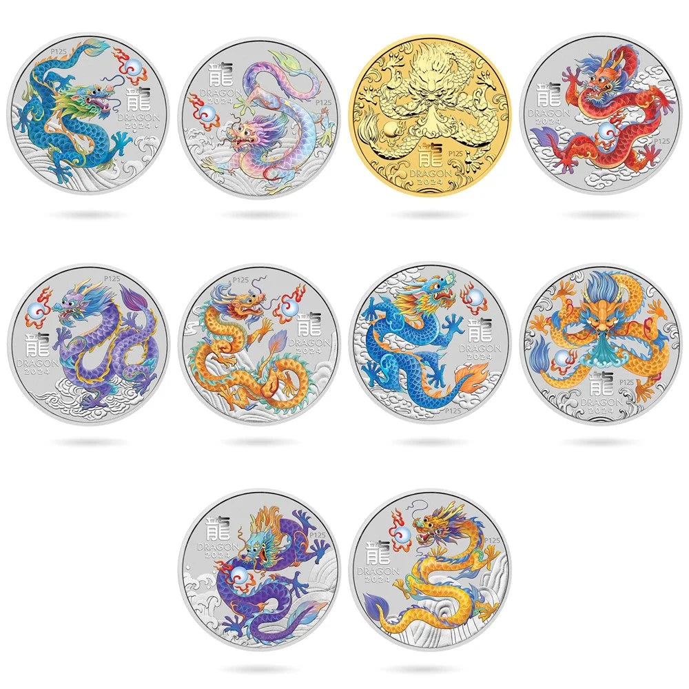 2024 PerthMint Australian Lunar Series III Year of the Dragon 1oz Silver 10 Coin Collection