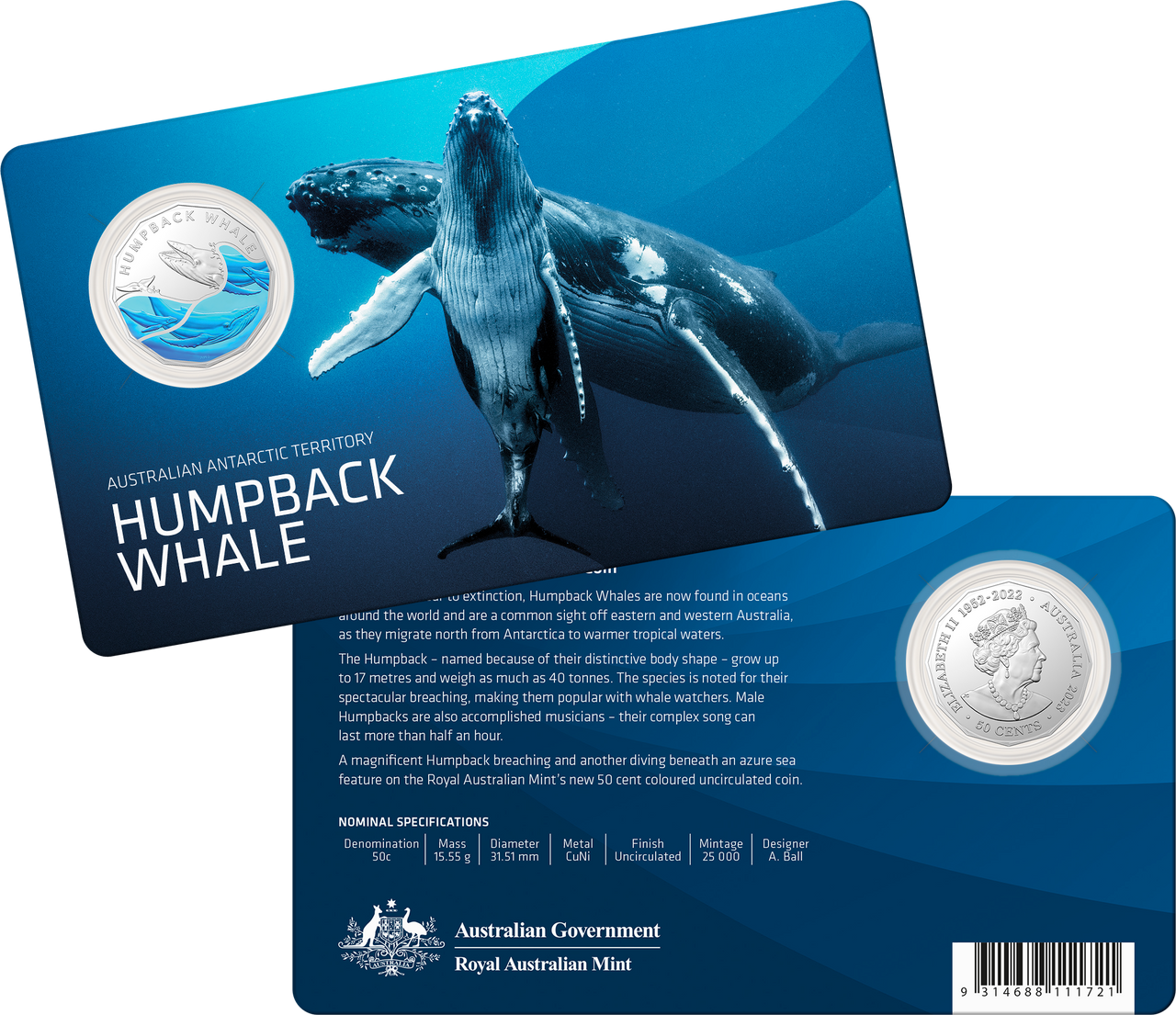 2023 Royal Australian Mint Antarctic Territory Humpback Whale 50c Coloured Coin