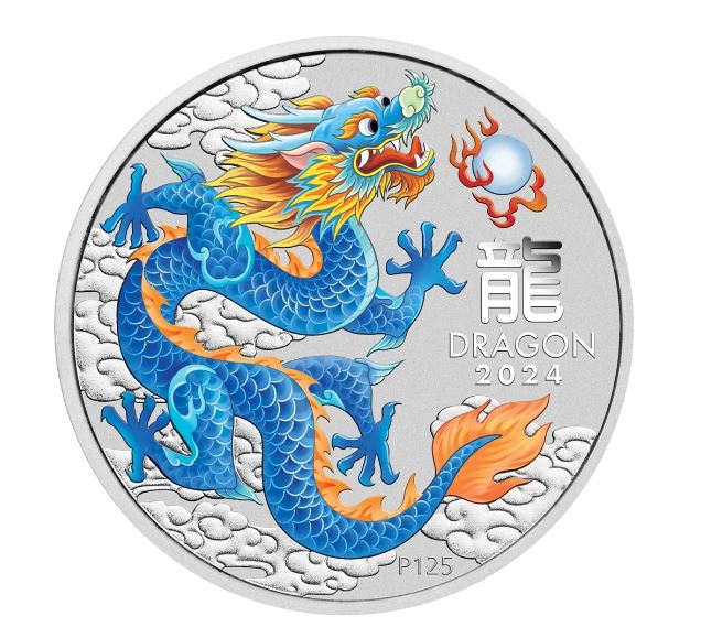 2024 PerthMint Australian Lunar Series III Year of the Dragon BLUE Coloured 1oz Coin - Perth Stamp & Coin Show Special
