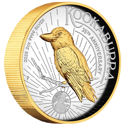 2025 Australian Kookaburra 35th Anniversary 2oz Silver Proof High Relief Gilded Coin