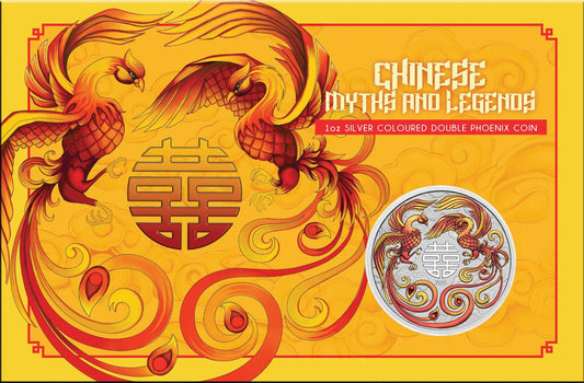 2025 PerthMint Chinese Myths and Legends Double Phoenix 2025 1oz Silver Fire Coloured Coin in Card