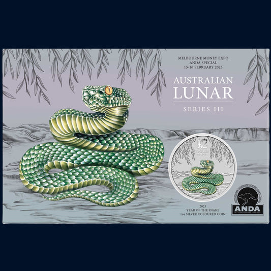 2025 Melbourne Money Expo ANDA Year of the Snake 1oz Silver Green Coloured Coin in Card Limited offer