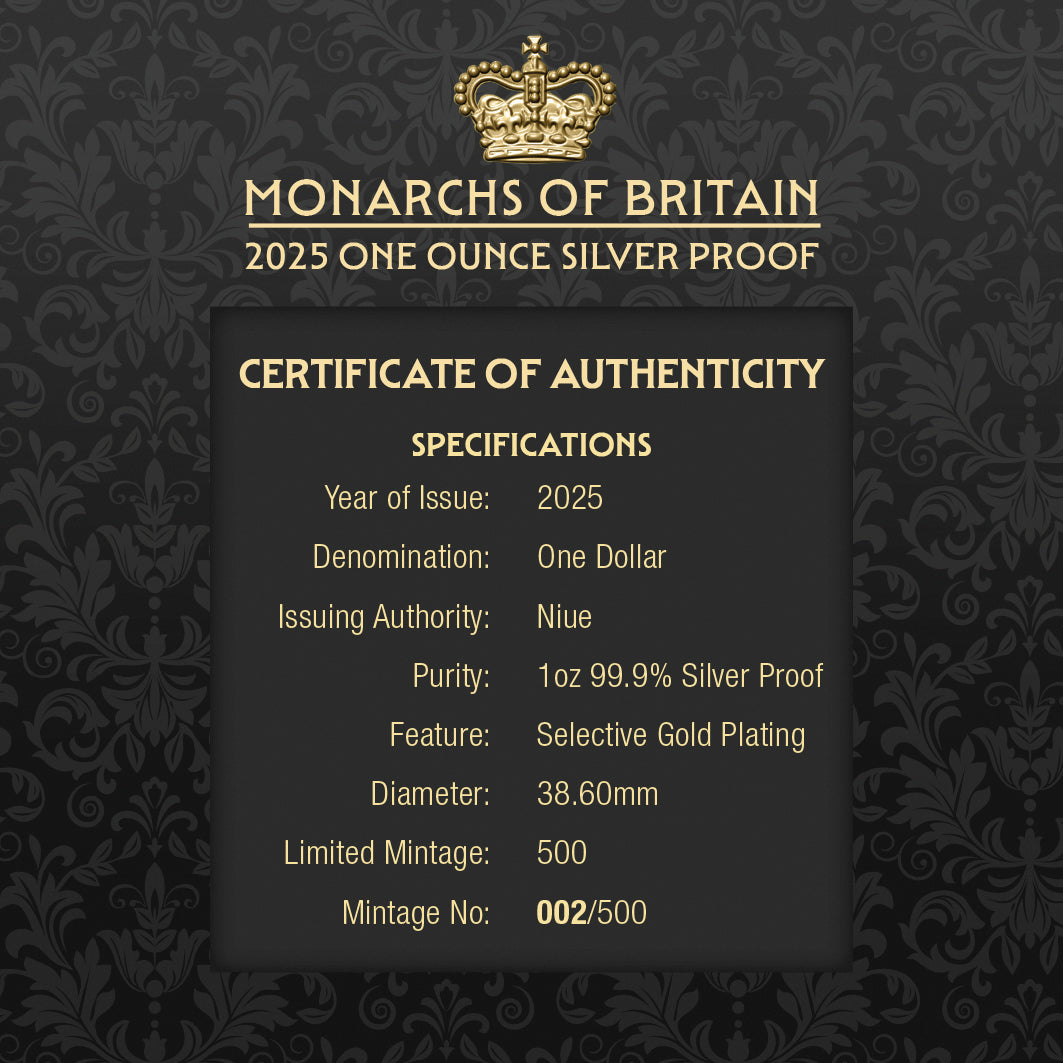 Monarchs of Britain 2025 $1 Gold-plated 1oz Silver Proof Coin