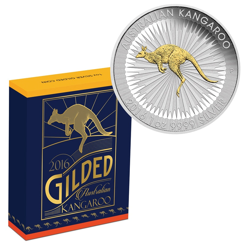 2016 Perth Mint $1 Gilded Australian Kangaroo 1oz Silver Coin First Year Of Issue