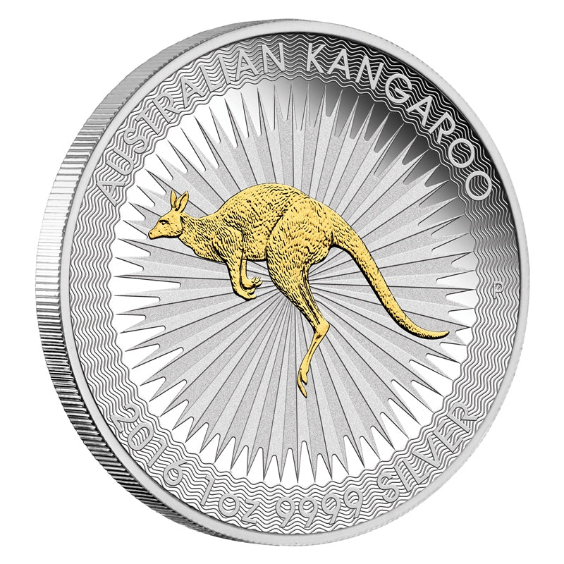 2016 Perth Mint $1 Gilded Australian Kangaroo 1oz Silver Coin First Year Of Issue