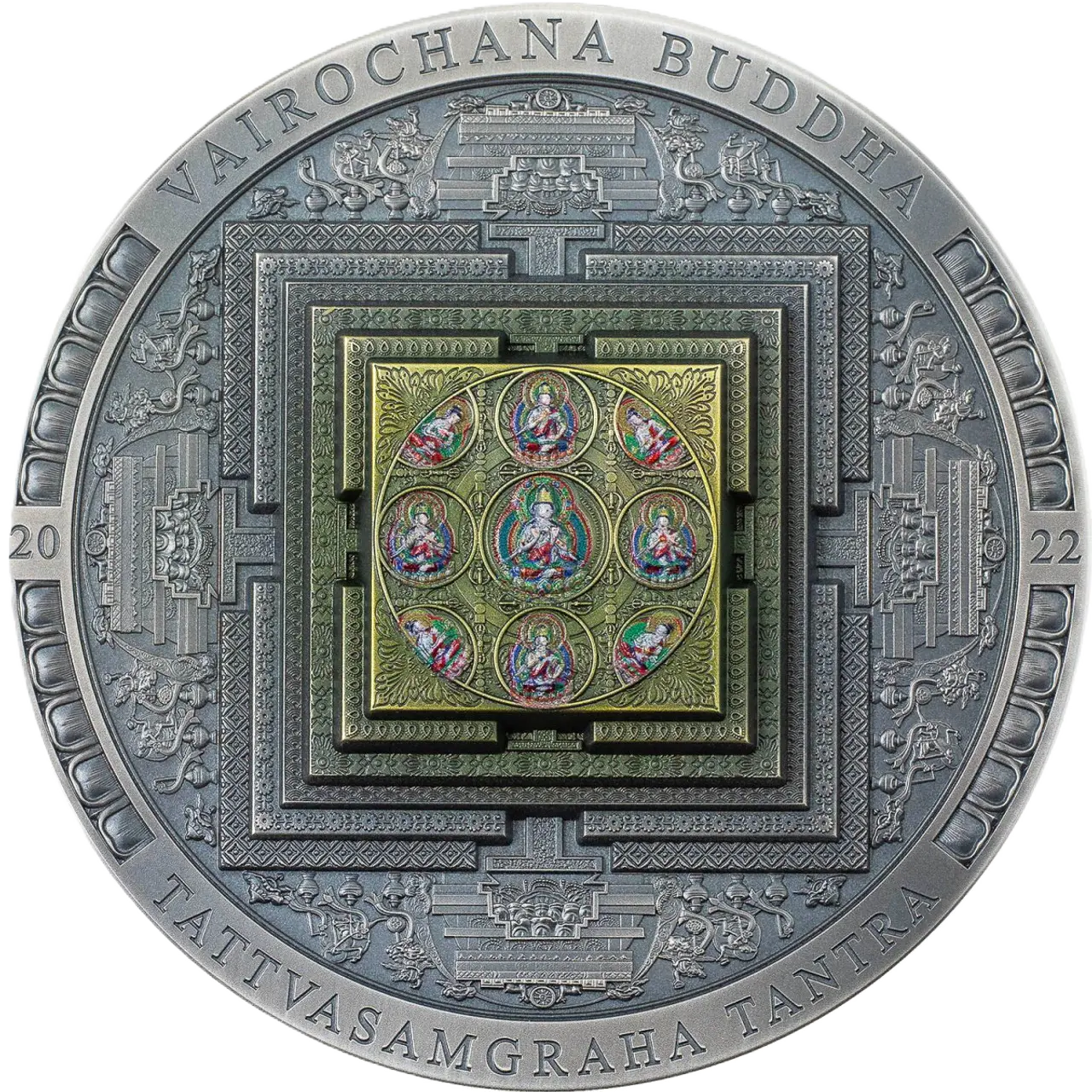 2022 Archeology Symbolism Vairochana Buddha Mandala Colored 3 Oz Antiqued Silver Coin 2000 Togrog Mongolia