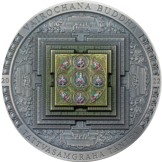 2022 Archeology Symbolism Vairochana Buddha Mandala Colored 3 Oz Antiqued Silver Coin 2000 Togrog Mongolia