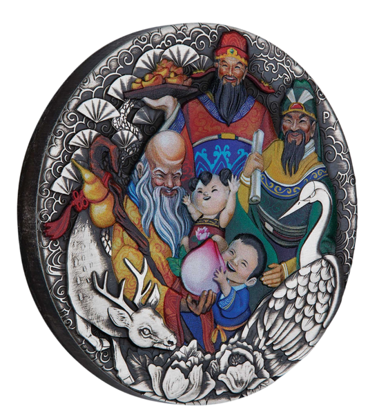 2023 PerthMint Fu Lu Shou 5oz Silver Antiqued Coloured Coin