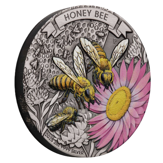 Honey Bee 2025 2oz Silver Antiqued Coloured Coin