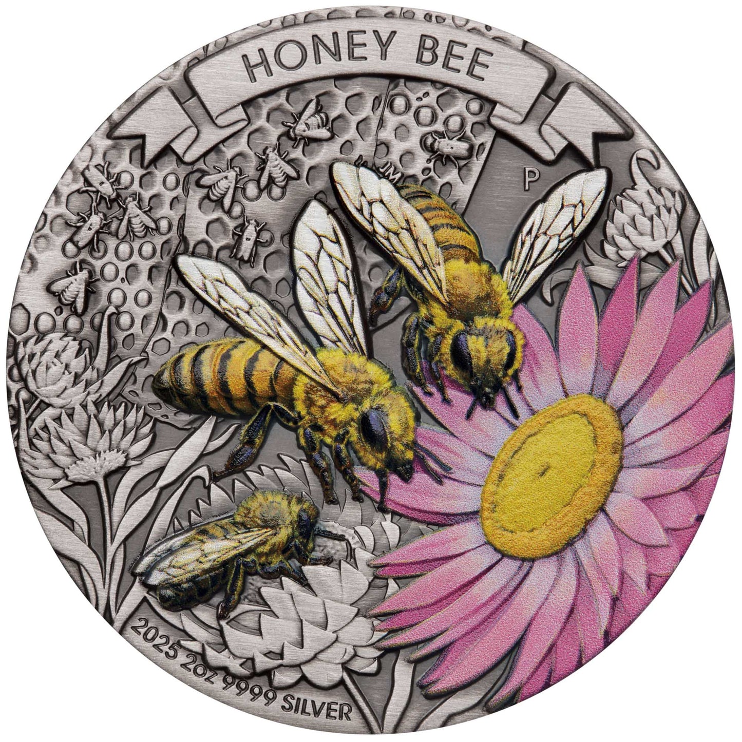 Honey Bee 2025 2oz Silver Antiqued Coloured Coin