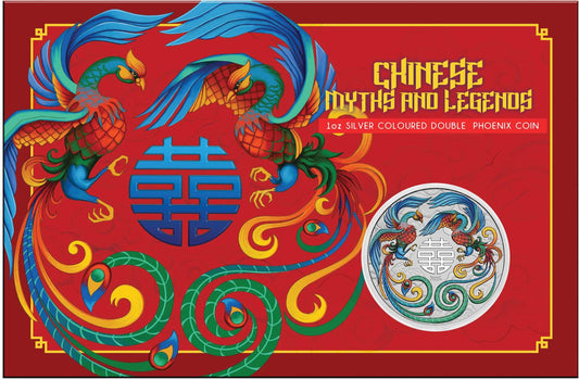 2025 PerthMint Chinese Myths and Legends Double Phoenix 1oz Silver VIVID Coloured Coin in Card