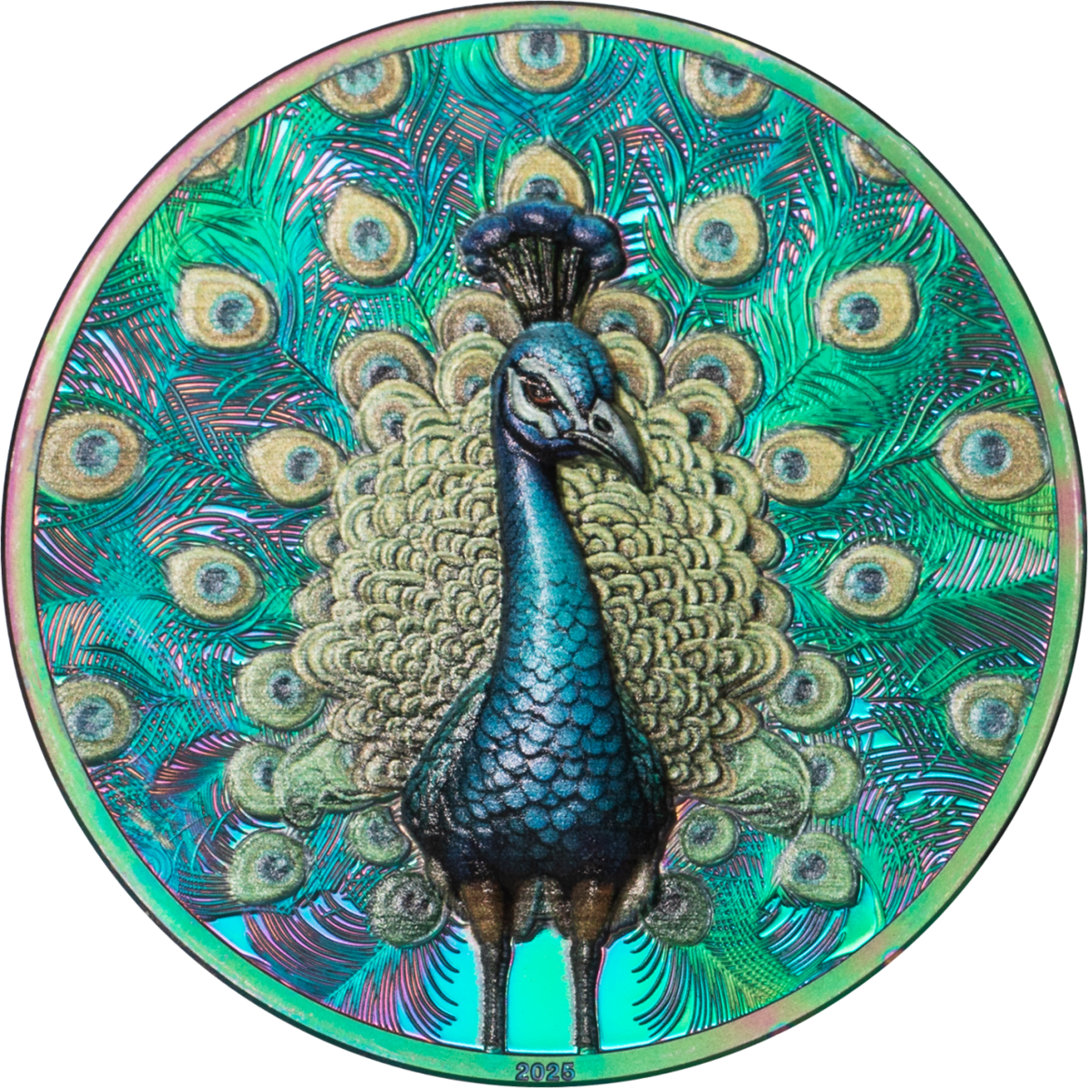 🦚 2025 Cook Islands Spectrum Peacock $5 1oz Prisma Plated Silver Proof Coin - Pre Order