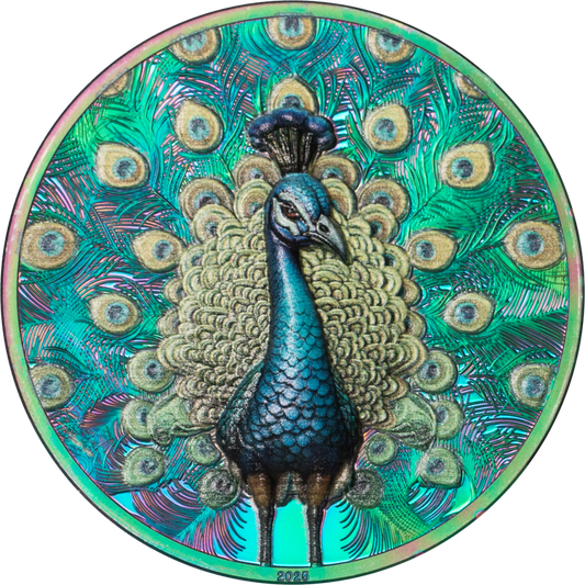 🦚 2025 Cook Islands Spectrum Peacock $5 1oz Prisma Plated Silver Proof Coin - Pre Order