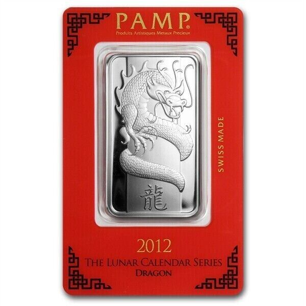 2012 PAMP Suisse 1oz .999 Silver Bar Lunar Dragon Sealed In Assay
