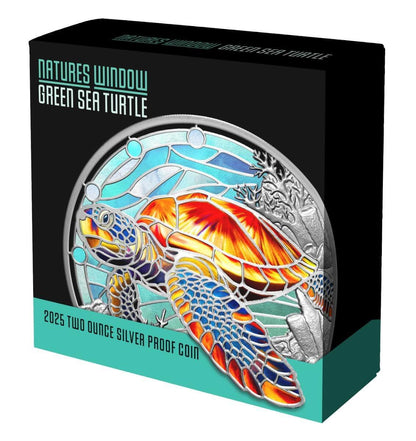 2025  Nature’s Window Green Sea Turtle $5 Colour 2oz Silver Proof Coin