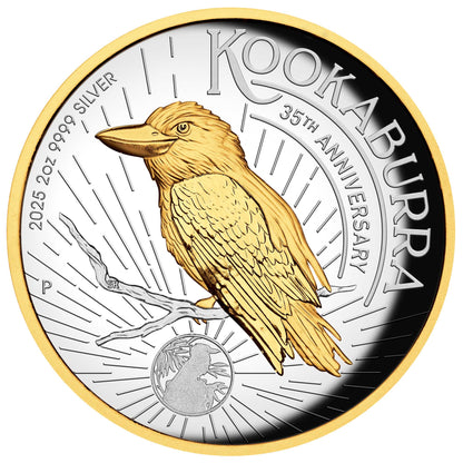 2025 Australian Kookaburra 35th Anniversary 2oz Silver Proof High Relief Gilded Coin