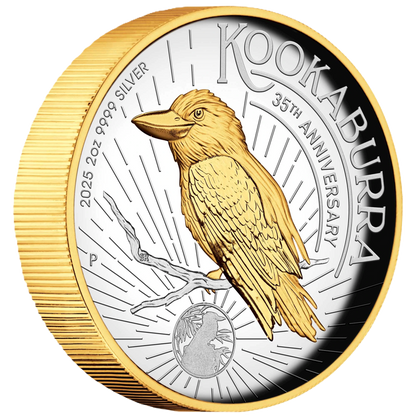 2025 Australian Kookaburra 35th Anniversary 2oz Silver Proof High Relief Gilded Coin