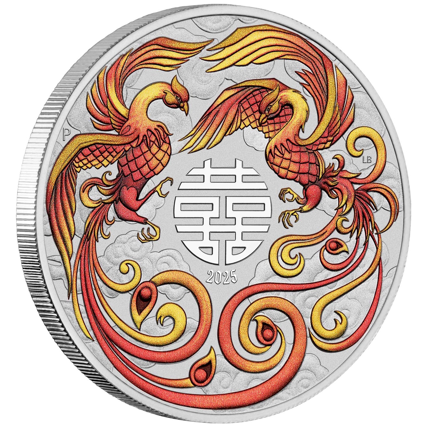 2025 PerthMint Chinese Myths and Legends Double Phoenix 2025 1oz Silver Fire Coloured Coin in Card