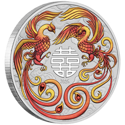 2025 PerthMint Chinese Myths and Legends Double Phoenix 2025 1oz Silver Fire Coloured Coin in Card