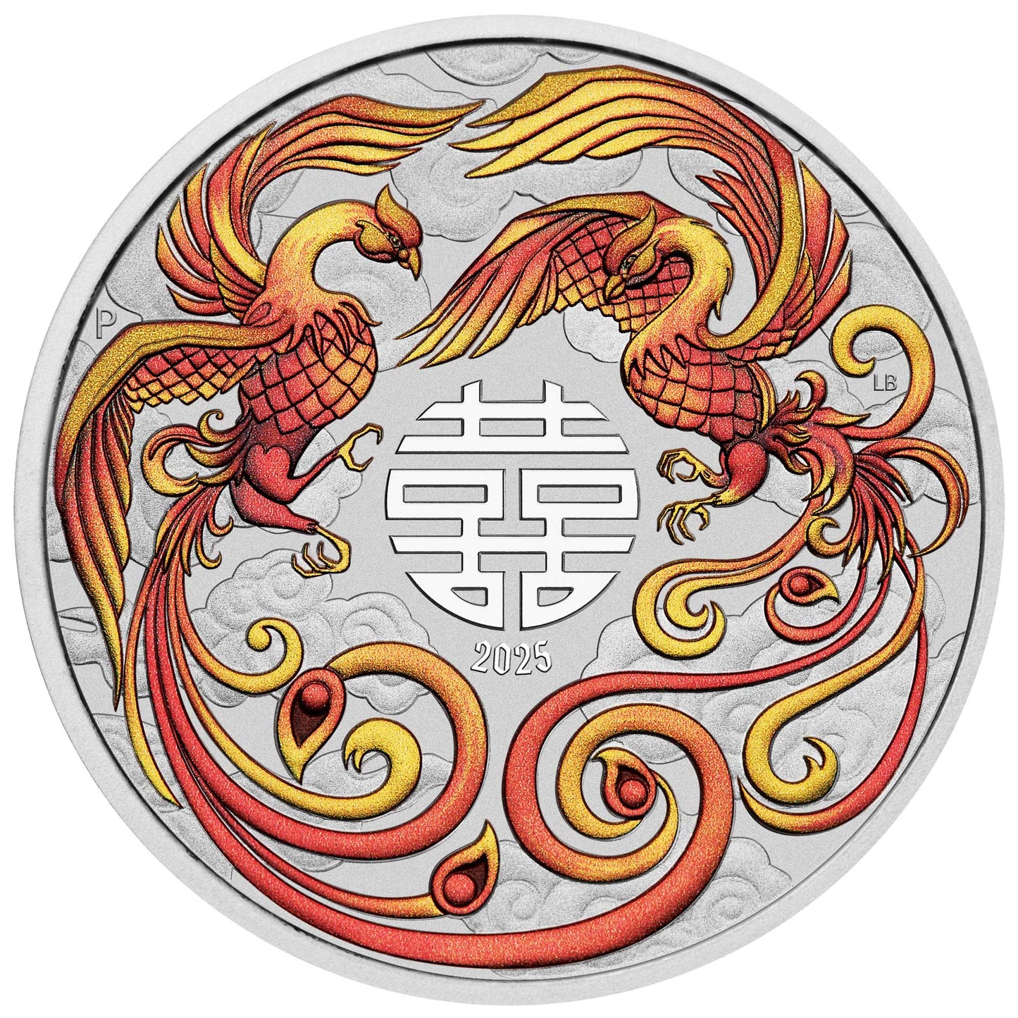 2025 PerthMint Chinese Myths and Legends Double Phoenix 2025 1oz Silver Fire Coloured Coin in Card
