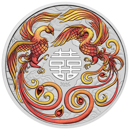 2025 PerthMint Chinese Myths and Legends Double Phoenix 2025 1oz Silver Fire Coloured Coin in Card