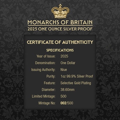 Monarchs of Britain 2025 $1 Gold-plated 1oz Silver Proof Coin