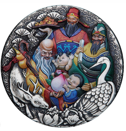 2023 PerthMint Fu Lu Shou 5oz Silver Antiqued Coloured Coin