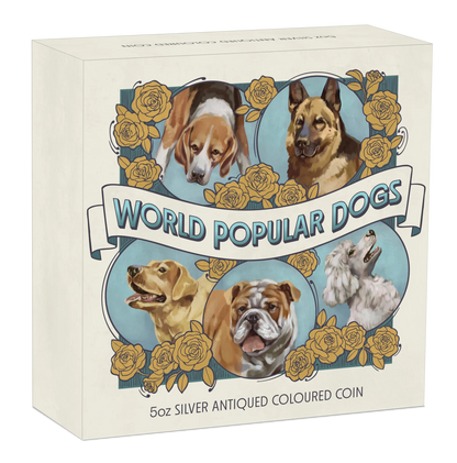 2025 PerthMint World Popular Dogs 5 oz Silver Antiqued High-Relief Colored Coin - Pre Order
