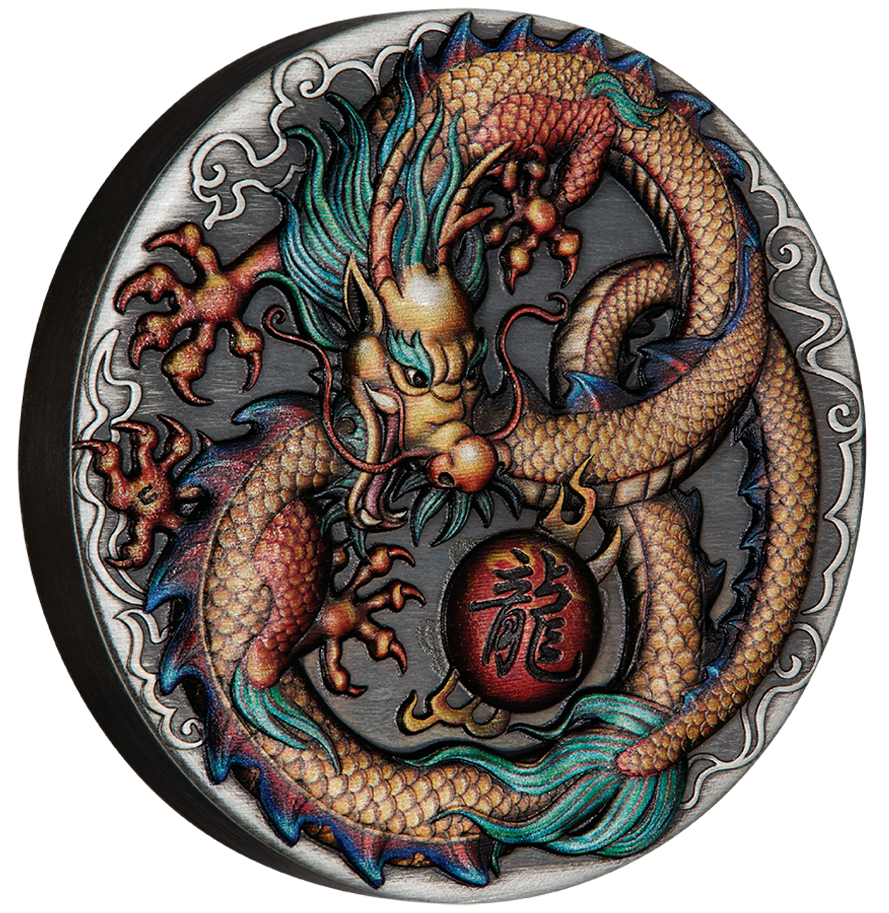 2022 Perth Mint Dragon 2oz Coloured High Relief Antiqued Silver Coin