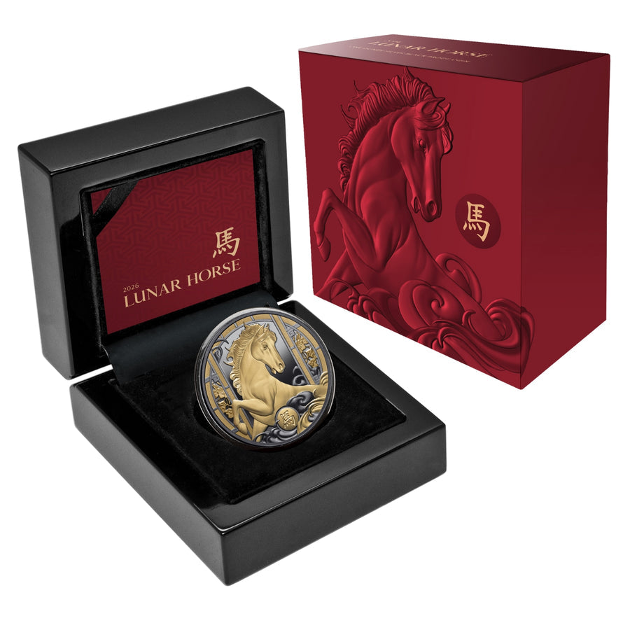 2026 LUNAR YEAR OF THE HORSE $1 1OZ GILDED SILVER BLACK PROOF COIN - PRE ORDER