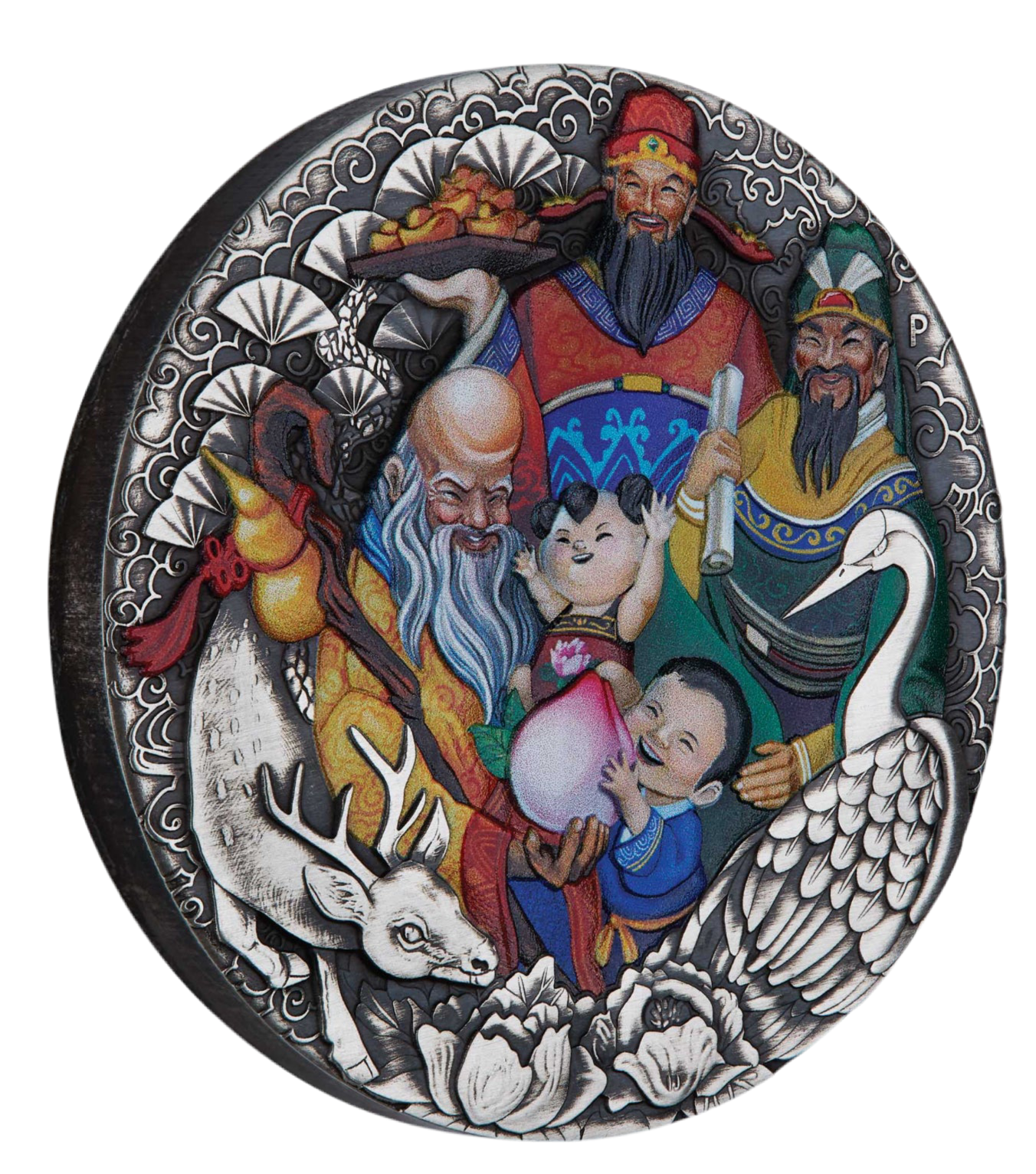 2023 PerthMint Fu Lu Shou 5oz Silver Antiqued Coloured Coin