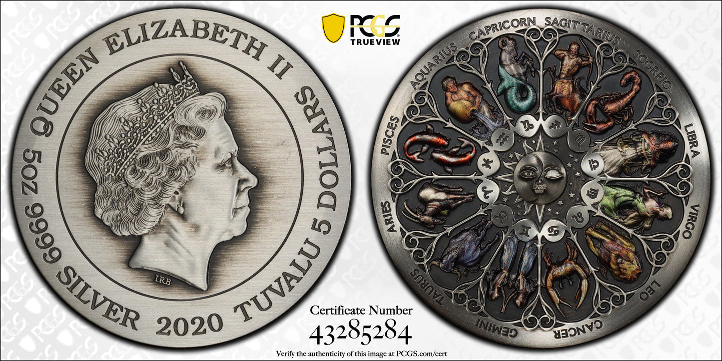 2020 PerthMint Signs of the Zodiac PCGS MS69 5oz Silver Antiqued Coloured Coin