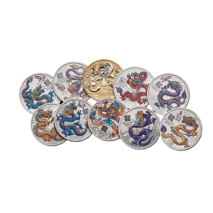 2024 PerthMint Australian Lunar Series III Year of the Dragon 1oz Silver 10 Coin Collection