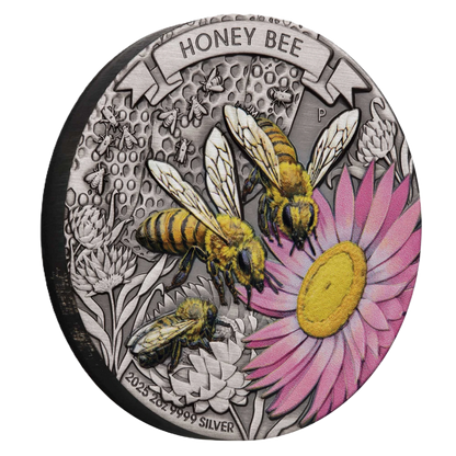 Honey Bee 2025 2oz Silver Antiqued Coloured Coin