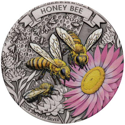 Honey Bee 2025 2oz Silver Antiqued Coloured Coin