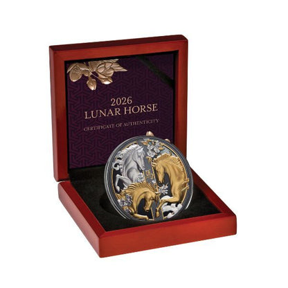 2026 NIUE Lunar Year of the Horse $10 5oz Gilded Silver Black Proof Coin - Pre Order