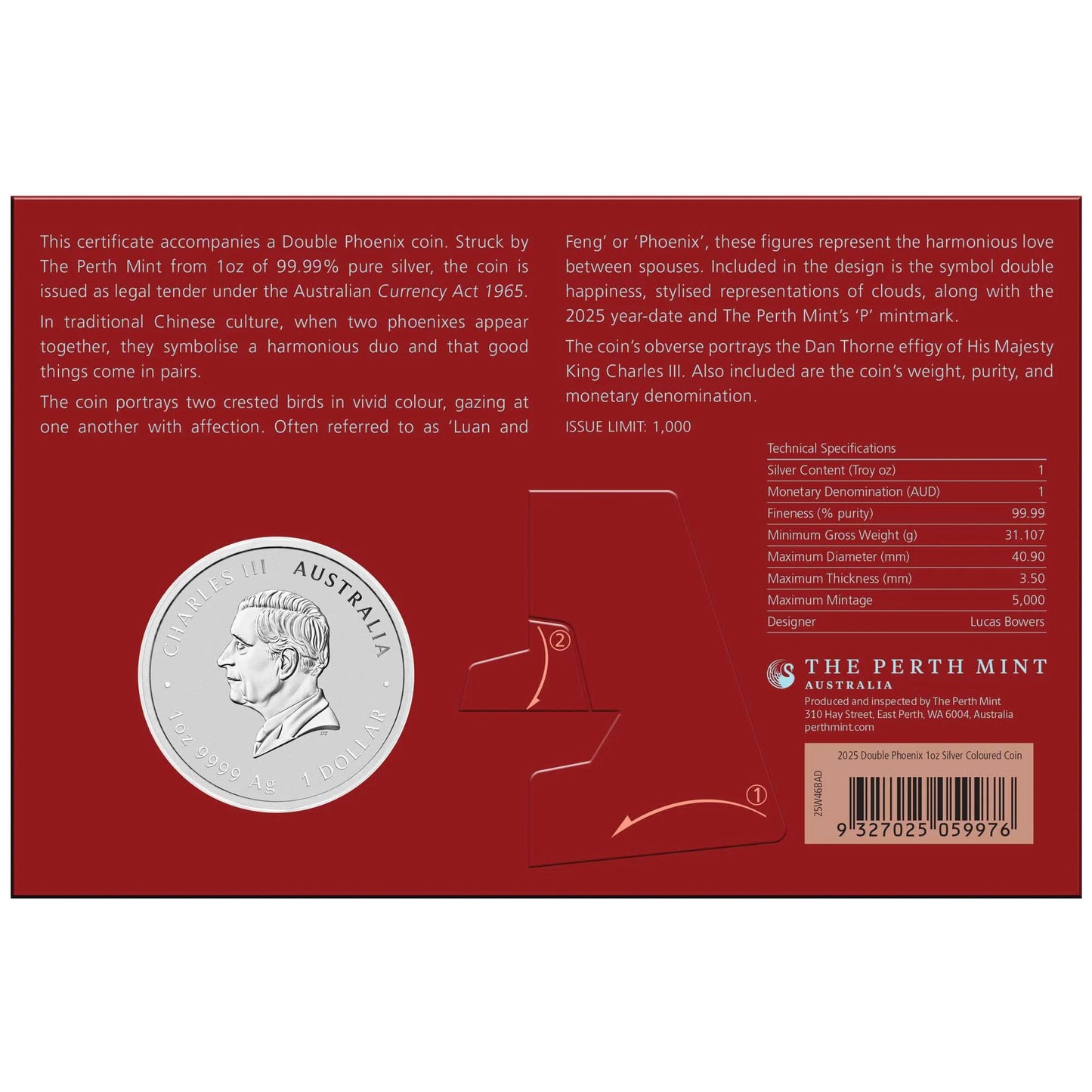 2025 PerthMint Chinese Myths and Legends Double Phoenix 1oz Silver VIVID Coloured Coin in Card
