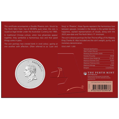 2025 PerthMint Chinese Myths and Legends Double Phoenix 1oz Silver VIVID Coloured Coin in Card