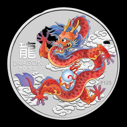2024 PerthMint Lunar Year of The Dragon 1oz Silver RED Coloured Coin In Capsule