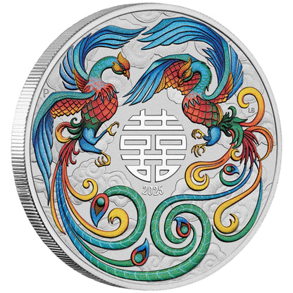 2025 PerthMint Chinese Myths and Legends Double Phoenix 1oz Silver VIVID Coloured Coin in Card